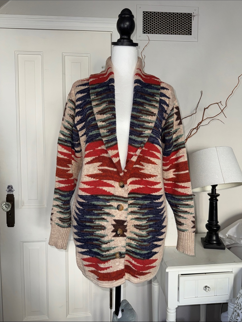 Lucky Brand Southwestern/Aztec Red Multi Patterned Open-Front Cardigan